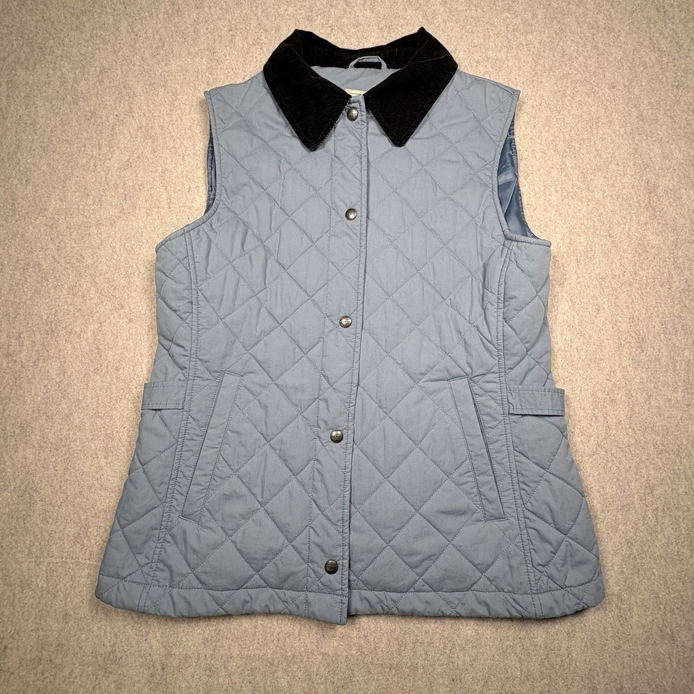 L.L. Bean Women's Medium Quilted Vest Blue Corduroy Collar Snap Front Pockets